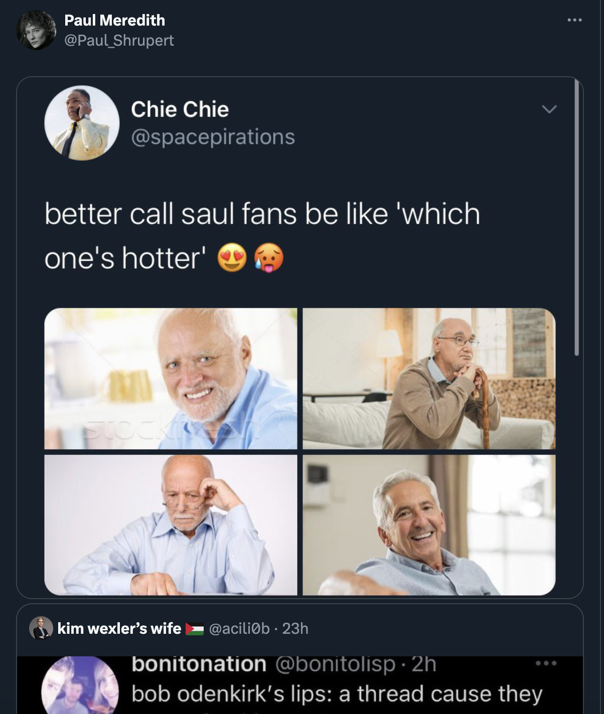 screenshot - Paul Meredith Shrupert Chie Chie better call saul fans be 'which one's hotter' kim wexler's wife b 23h bonitonation 2h bob odenkirk's lips a thread cause they